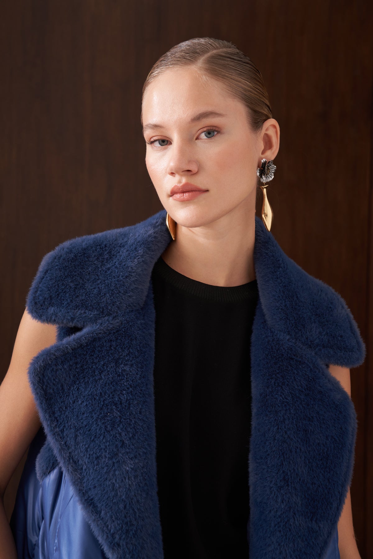 Kapitone ve Angora Kombinli Yelek - indigo