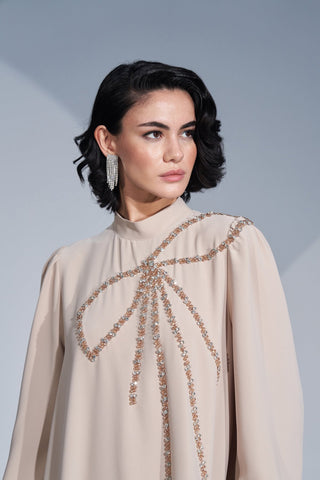 Omuzdan Kurdele Desenli El İşi Taş Detaylı Elbise - bej