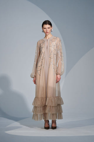 Boydan Taş Baskı Detaylı Eteği Fırfırlı Abaya - bej