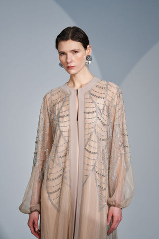 Boydan Taş Baskı Detaylı Eteği Fırfırlı Abaya - bej