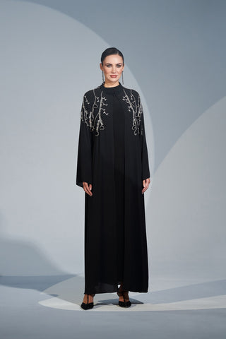 El İşlemeli Taş Detaylı Abaya - siyah