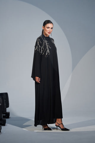 El İşlemeli Taş Detaylı Abaya - siyah