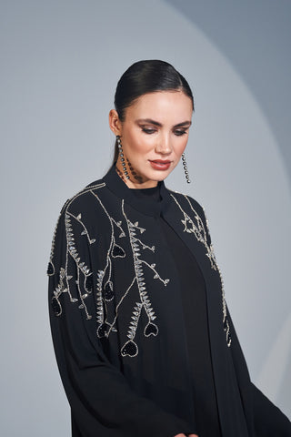 El İşlemeli Taş Detaylı Abaya - siyah