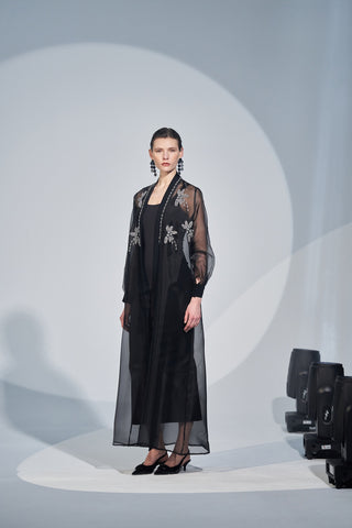 Çiçek Desenli Taş İşleme Taş Detaylı Abaya - siyah