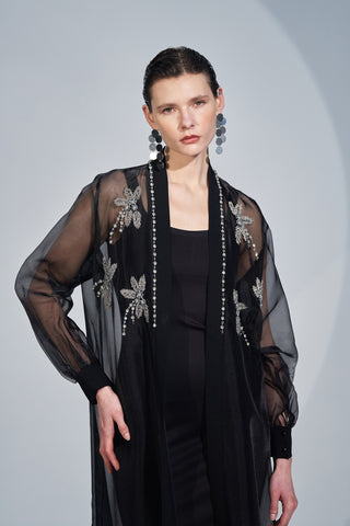 Çiçek Desenli Taş İşleme Taş Detaylı Abaya - siyah