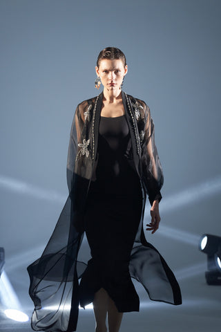 Çiçek Desenli Taş İşleme Taş Detaylı Abaya - siyah