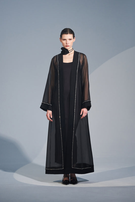 Taş İşlemeli Organze Abaya - siyah
