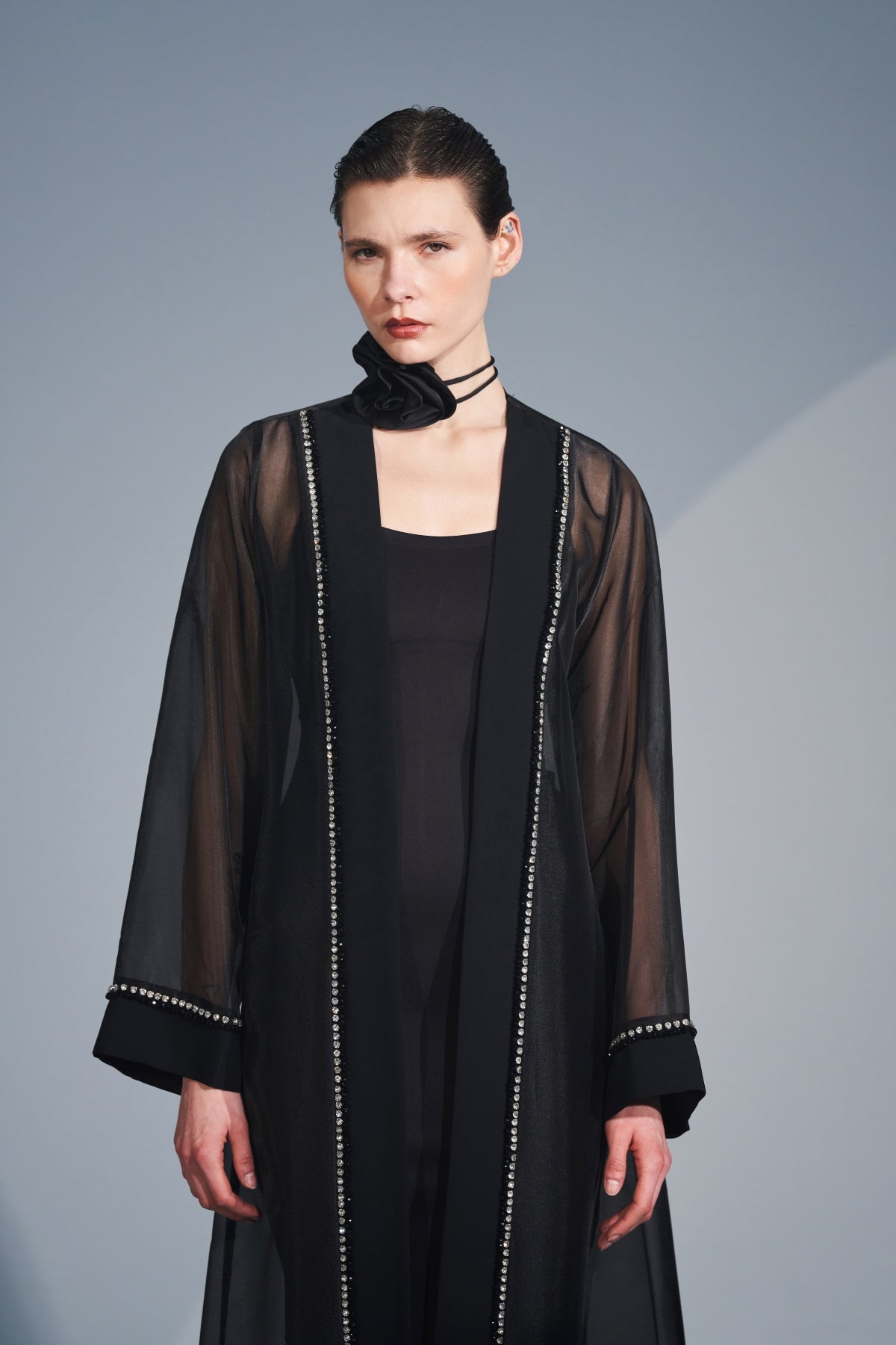 Taş İşlemeli Organze Abaya - siyah