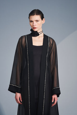 Taş İşlemeli Organze Abaya - siyah