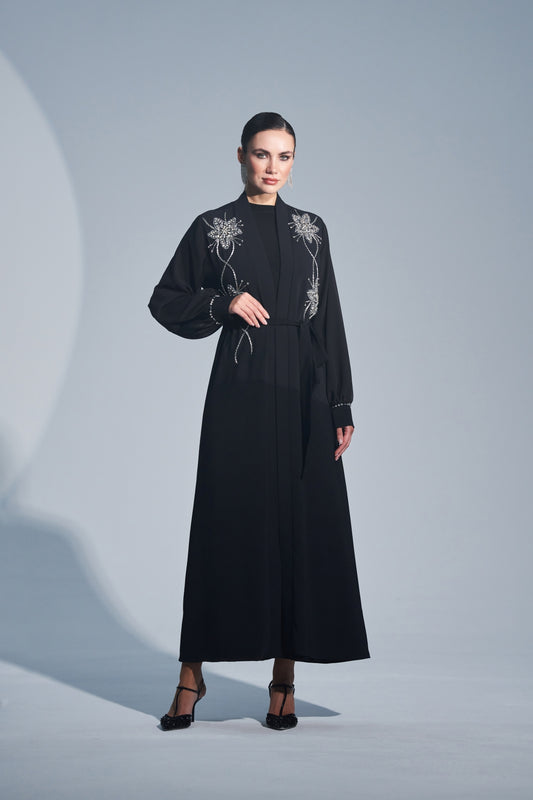 Kolları Şifon ve Omuzdan Aşağı Taş İşleme Detaylı Abaya - siyah