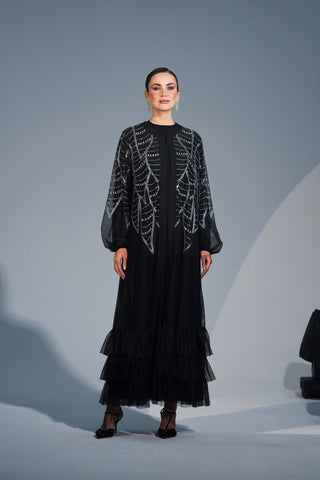 Boydan Taş Baskı Detaylı Eteği Fırfırlı Abaya - siyah