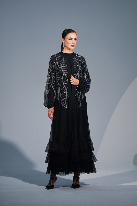 Boydan Taş Baskı Detaylı Eteği Fırfırlı Abaya - siyah