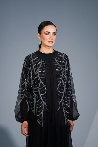 Boydan Taş Baskı Detaylı Eteği Fırfırlı Abaya - siyah
