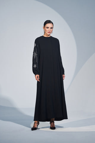 Kol ve Arka El İşi Taş Baskı Detaylı Ferace - siyah