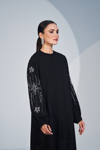 Kol ve Arka El İşi Taş Baskı Detaylı Ferace - siyah