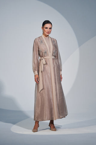 Çiçek Desenli Taş İşleme Taş Detaylı Abaya - bej