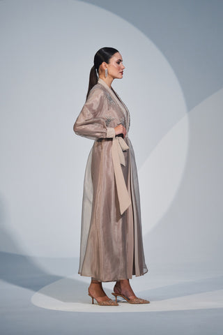 Çiçek Desenli Taş İşleme Taş Detaylı Abaya - bej