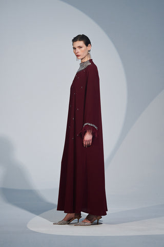 Kol Ucu ve Ön Yaka Boydan Taş İşleme Detaylı Elbise - bordo