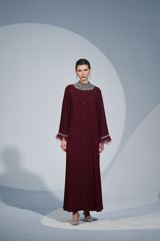 Kol Ucu ve Ön Yaka Boydan Taş İşleme Detaylı Elbise - bordo