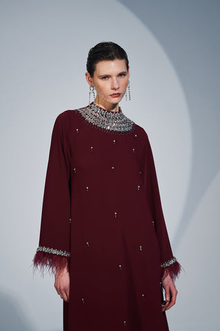 Kol Ucu ve Ön Yaka Boydan Taş İşleme Detaylı Elbise - bordo 