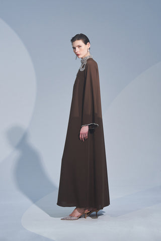 Kol Ucu ve Ön Desen El İşi Taş Detaylı Elbise - kahve