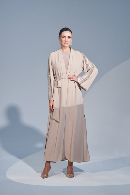 Kol Ucu ve Etek Yanları Organze Elişi Taş Detaylı Abaya - bej