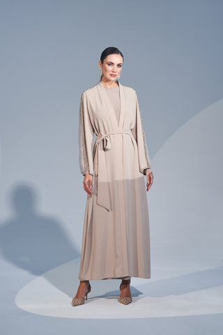 Kol Ucu ve Etek Yanları Organze Elişi Taş Detaylı Abaya - bej