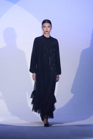 Taş Baskılı Eteği Fırfır Detaylı Tül Elbise - siyah