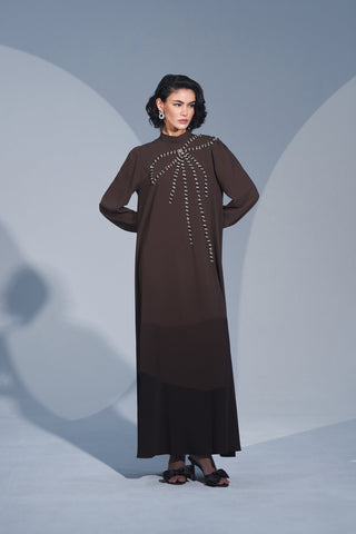 Omuzdan Kurdele Desenli El İşi Taş Detaylı Elbise - kahve