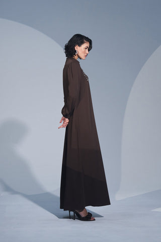 Omuzdan Kurdele Desenli El İşi Taş Detaylı Elbise - kahve