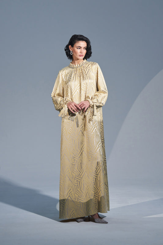 Yaka Ucu Taş ve Fırfır Detaylı Kolu Bağlamalı Jakar Elbise - sarı