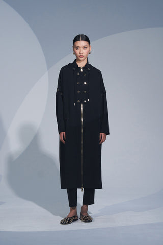 Ön Patlı ve Fermuarlı Kol Detaylı Kapüşonlu Ferace - siyah