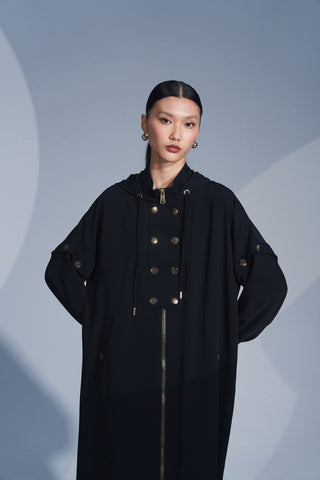 Ön Patlı ve Fermuarlı Kol Detaylı Kapüşonlu Ferace - siyah