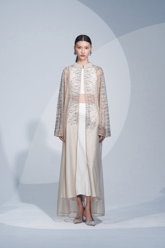 Taş Baskılı Tül Abaya - bej