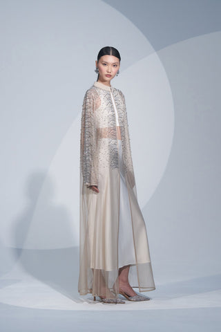 Taş Baskılı Tül Abaya - bej