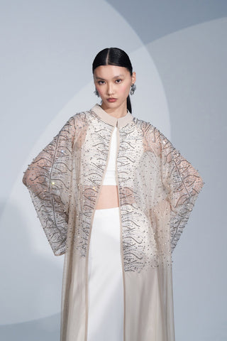 Taş Baskılı Tül Abaya - bej