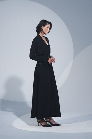 Kol Ucu ve Cep Kenarları Taş İşlemeli Abaya - siyah