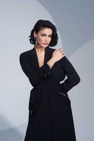 Kol Ucu ve Cep Kenarları Taş İşlemeli Abaya - siyah