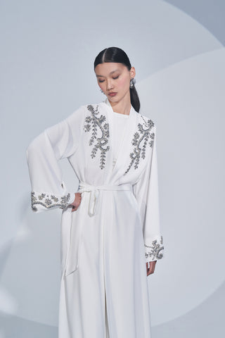 Kol Uçları ve Omuz Taş İşleme Detaylı Abaya - ekru