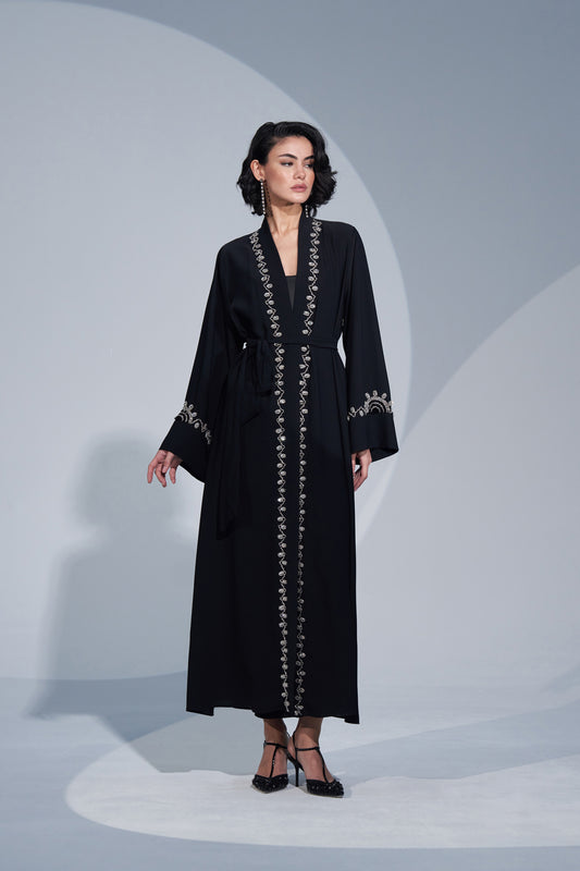 Kol ve Boydan El İşi Taş İşleme Detaylı Abaya - siyah