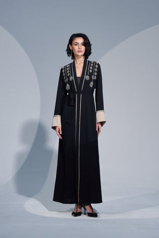 Biye Detaylı Kol ve Omuz El İşi Taş Detaylı Abaya - siyah bej