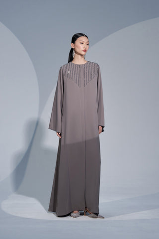 Kol ve Yaka El İşi Boncuk İşleme Detaylı Ferace - vizon