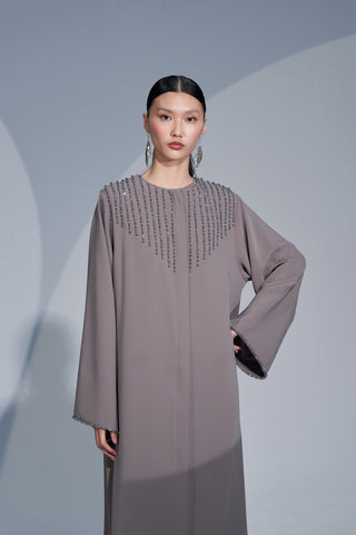 Kol ve Yaka El İşi Boncuk İşleme Detaylı Ferace - vizon