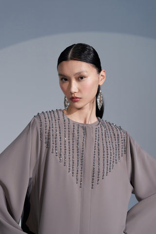 Kol ve Yaka El İşi Boncuk İşleme Detaylı Ferace - vizon