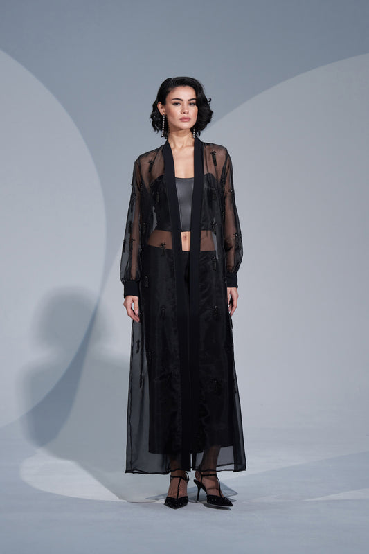 Boydan El İşi Boncuk Detaylı Organze Abaya - siyah