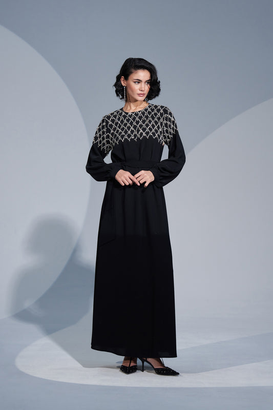 Ön Yaka Sıralı Taş İşleme Detaylı Elbise - siyah