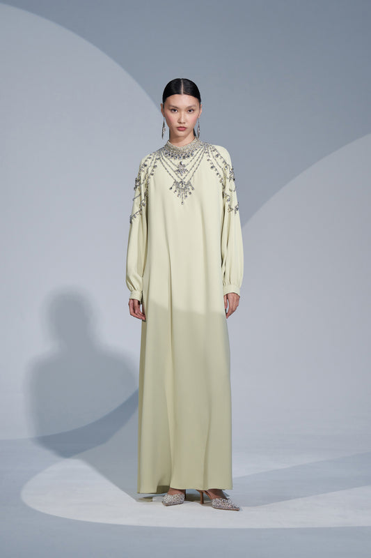 Yaka ve Omuz El İşi Taş Detaylı Elbise - mimoza