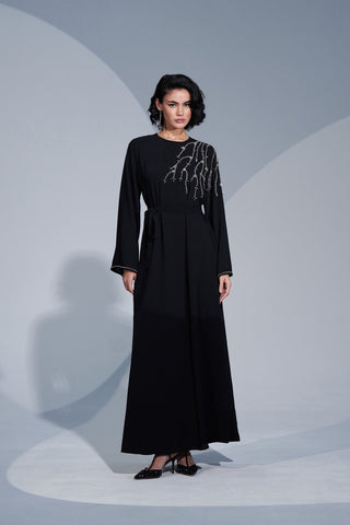 Kol Ucu ve Omuz Kısmında Taş İşlemeli Elbise - siyah