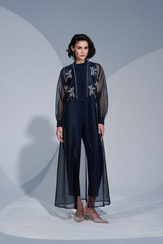 Çiçek Desenli Taş İşleme Taş Detaylı Abaya - lacivert