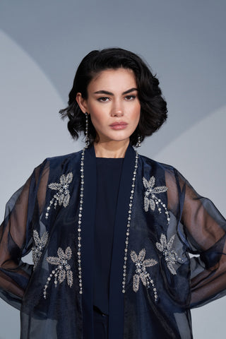 Çiçek Desenli Taş İşleme Taş Detaylı Abaya - lacivert